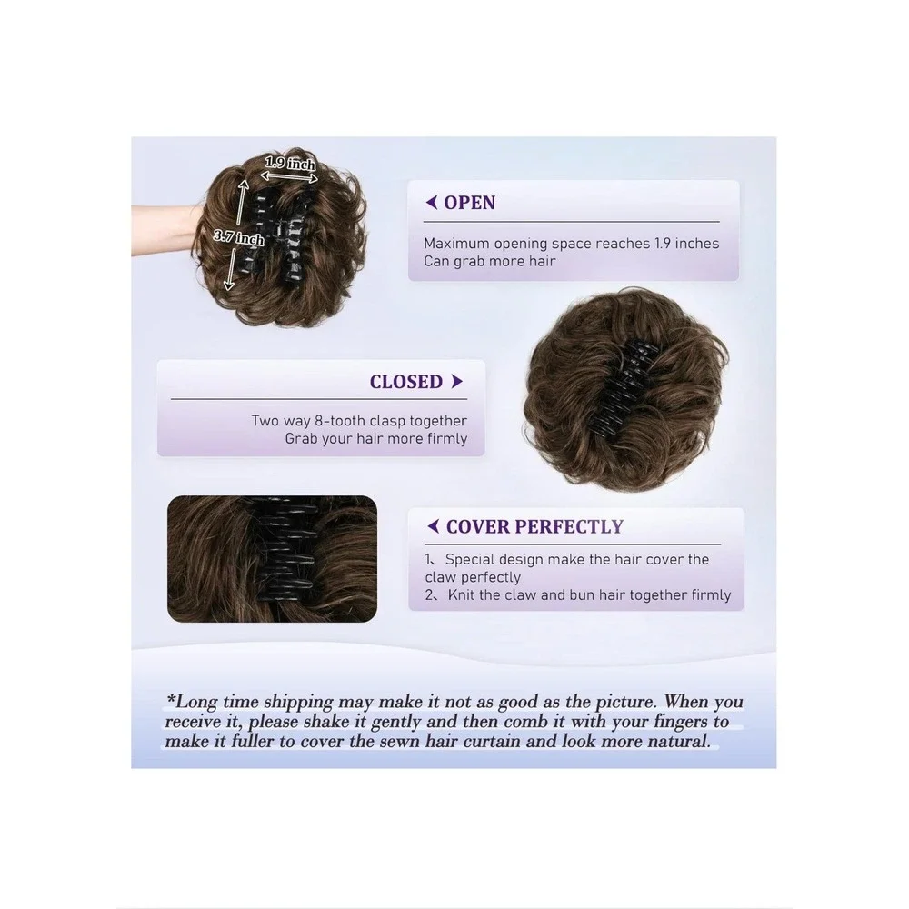 Real Human Hair Claw Clip Messy Bun Dark Brown Curly Wavy Updo Hairpiece